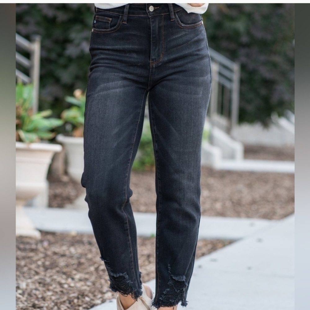 Judy Blue High Waisted Destroyed Hem Cropped Straight Leg Jeans